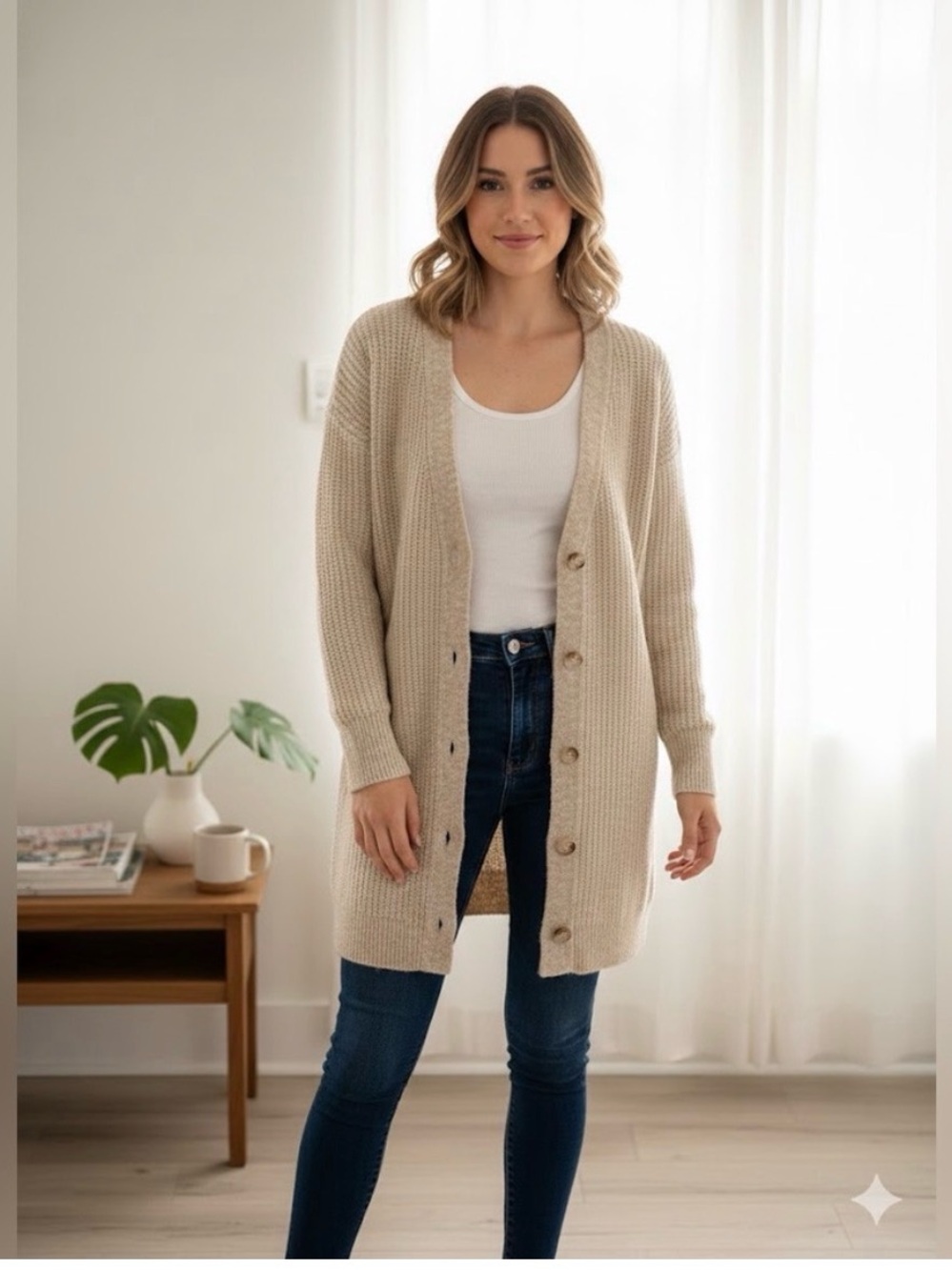 Sadie & Sage Cream Button-Up Long Cardigan Wool Blend Relaxed Fit Size Small